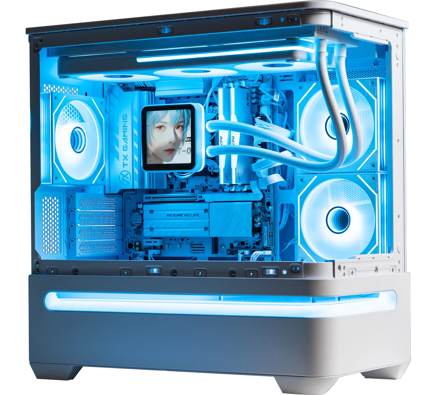 White gaming PC with a glass case and blue illuminated cooling fans